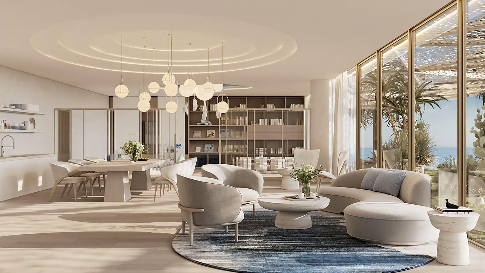 Elegant open plan interior of a 3 bedroom apartment at Nikki Beach Residences by Aldar, showcasing modern design and high-end finishes.
